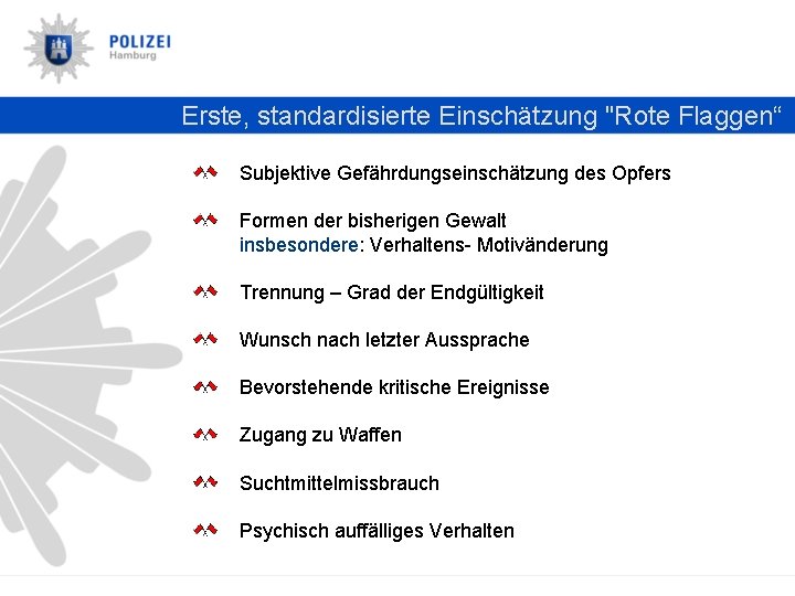 Erste, standardisierte Einschätzung "Rote Flaggen“ Subjektive Gefährdungseinschätzung des Opfers Formen der bisherigen Gewalt insbesondere: