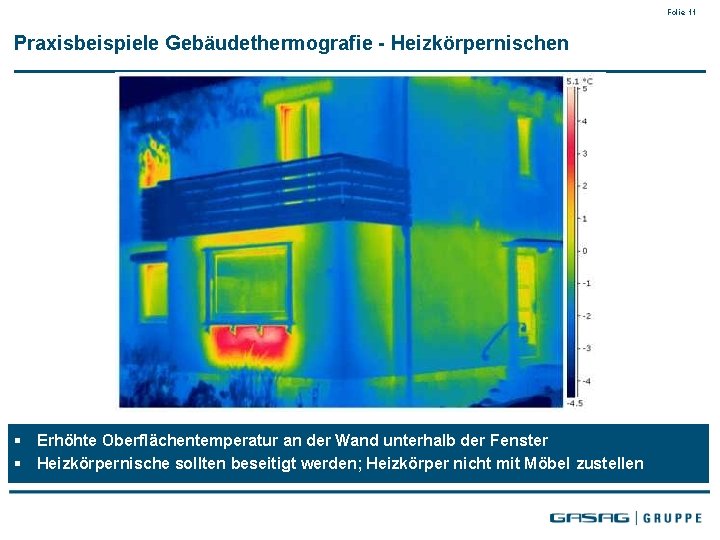 Folie 11 Praxisbeispiele Gebäudethermografie - Heizkörpernischen § Erhöhte Oberflächentemperatur an der Wand unterhalb der