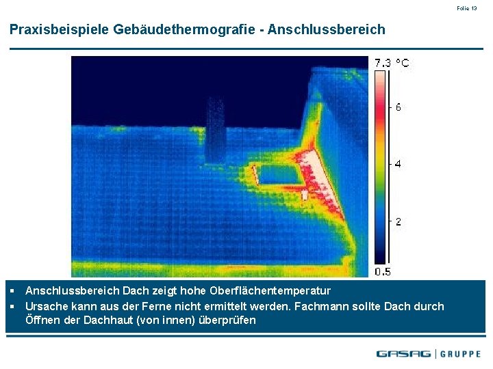 Folie 13 Praxisbeispiele Gebäudethermografie - Anschlussbereich § Anschlussbereich Dach zeigt hohe Oberflächentemperatur § Ursache