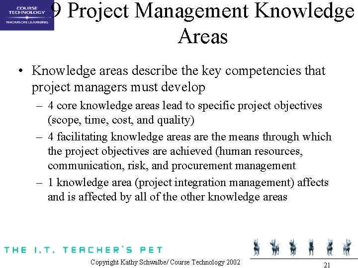 9 Project Management Knowledge Areas • Knowledge areas describe the key competencies that project