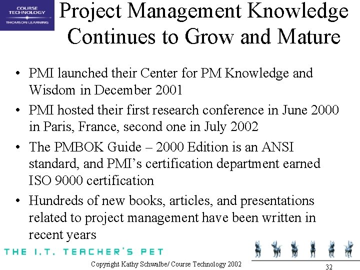 Project Management Knowledge Continues to Grow and Mature • PMI launched their Center for