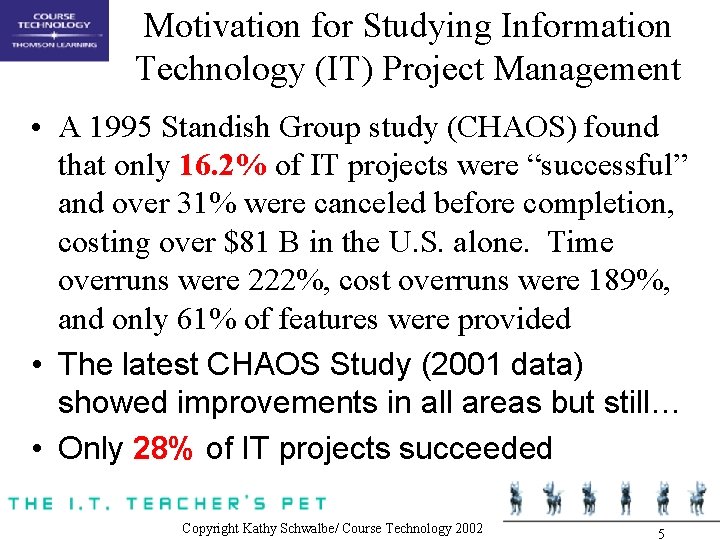 Motivation for Studying Information Technology (IT) Project Management • A 1995 Standish Group study Motivation for Studying Information Technology (IT) Project Management • A 1995 Standish Group study