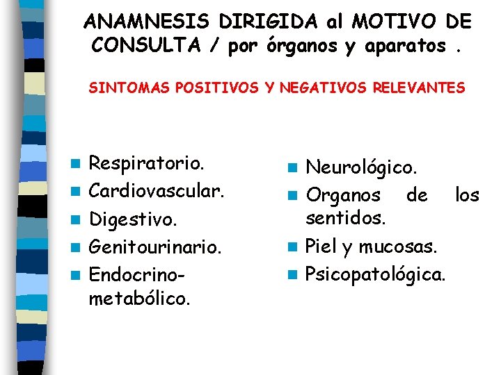 ANAMNESIS DIRIGIDA al MOTIVO DE CONSULTA / por órganos y aparatos. SINTOMAS POSITIVOS Y