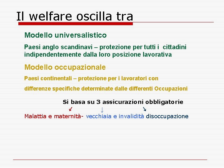 Il welfare oscilla tra Modello universalistico Paesi anglo scandinavi – protezione per tutti i