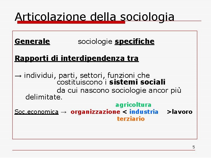 Articolazione della sociologia Generale sociologie specifiche Rapporti di interdipendenza tra → individui, parti, settori,