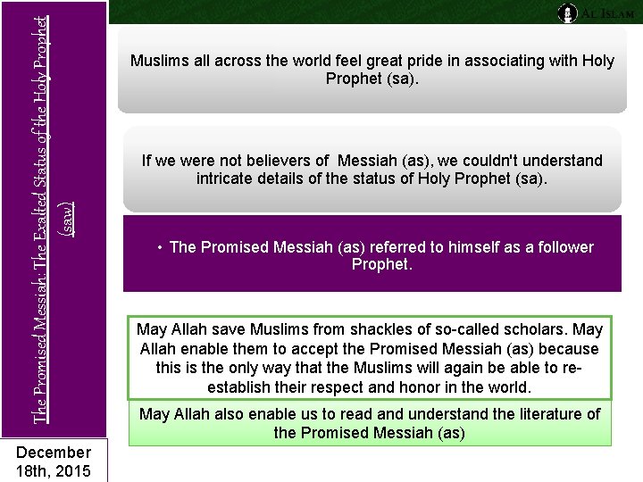 The Promised Messiah: The Exalted Status of the Holy Prophet (saw) December 18 th,