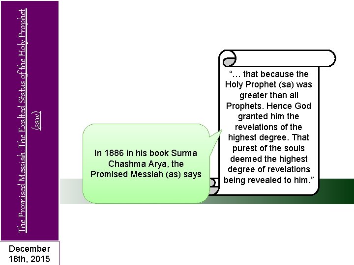 The Promised Messiah: The Exalted Status of the Holy Prophet (saw) December 18 th,