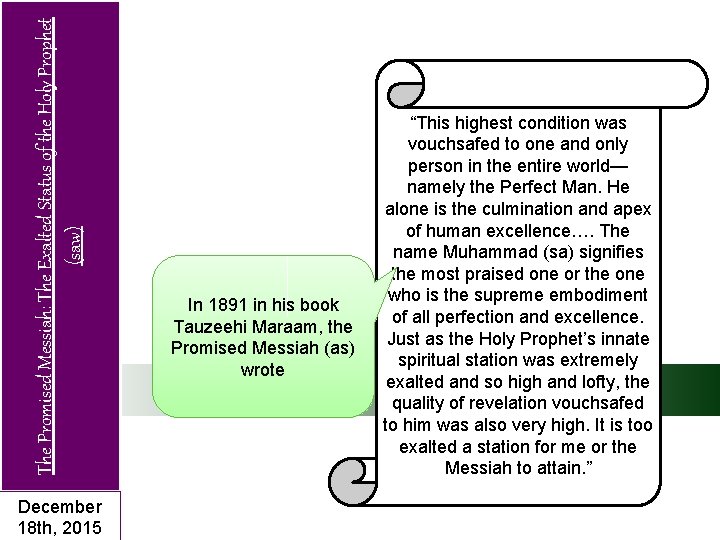 The Promised Messiah: The Exalted Status of the Holy Prophet (saw) December 18 th,
