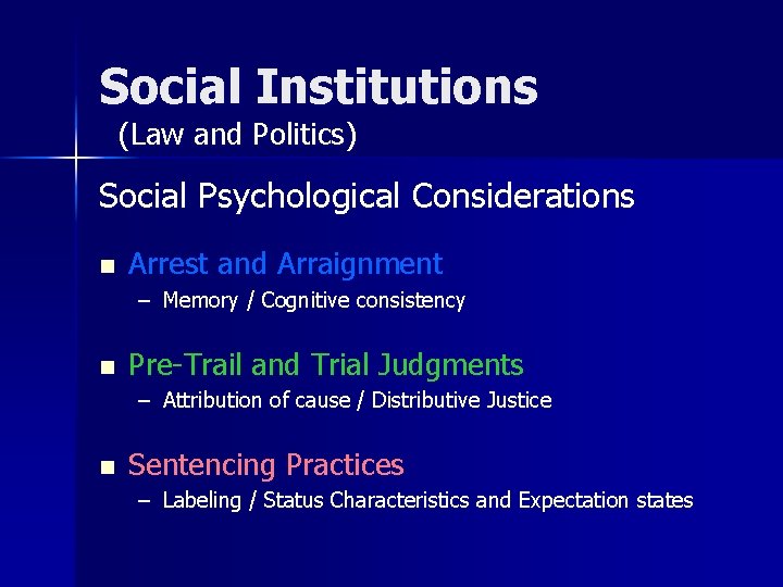 Social Institutions (Law and Politics) Social Psychological Considerations n Arrest and Arraignment – Memory