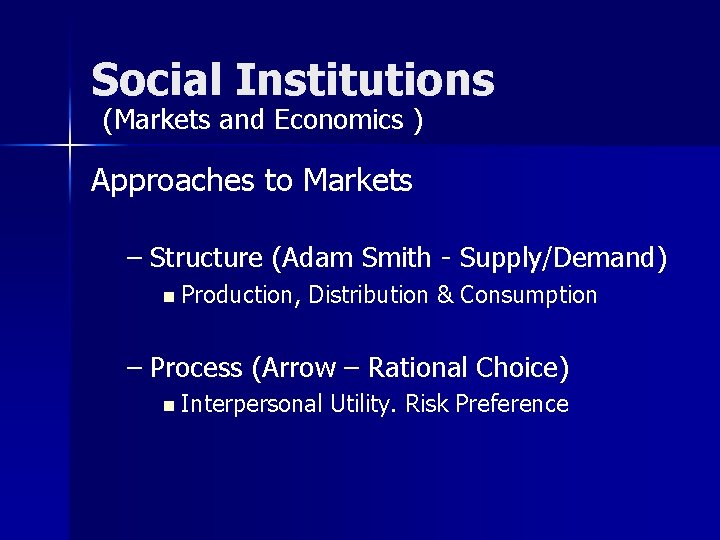 Social Institutions (Markets and Economics ) Approaches to Markets – Structure (Adam Smith -