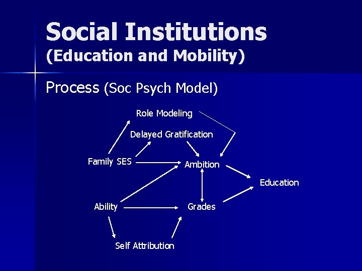 Social Institutions (Education and Mobility) Process (Soc Psych Model) Role Modeling Delayed Gratification Family