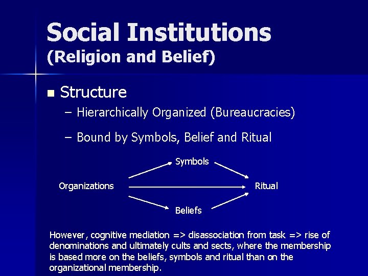 Social Institutions (Religion and Belief) n Structure – Hierarchically Organized (Bureaucracies) – Bound by