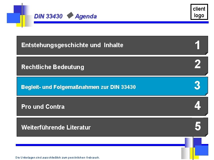 DIN 33430 u Agenda Entstehungsgeschichte und Inhalte client logo 1 Rechtliche Bedeutung 2 Begleit-