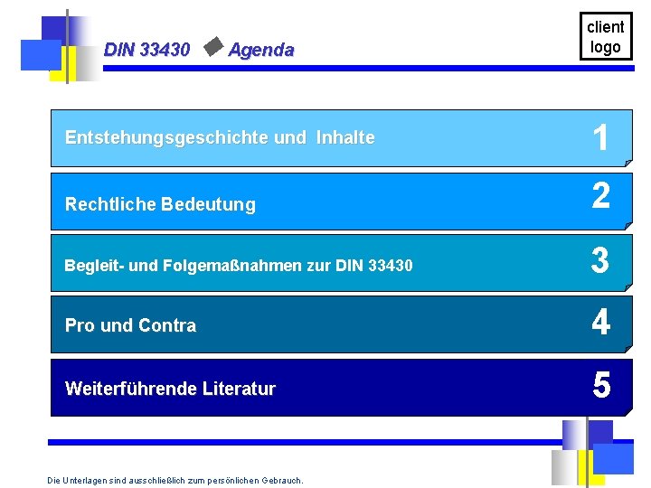 DIN 33430 u Agenda Entstehungsgeschichte und Inhalte client logo 1 Rechtliche Bedeutung 2 Begleit-