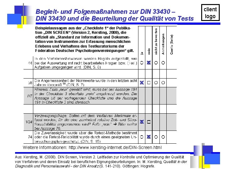 Begleit- und Folgemaßnahmen zur DIN 33430 – DIN 33430 und die Beurteilung der Qualität