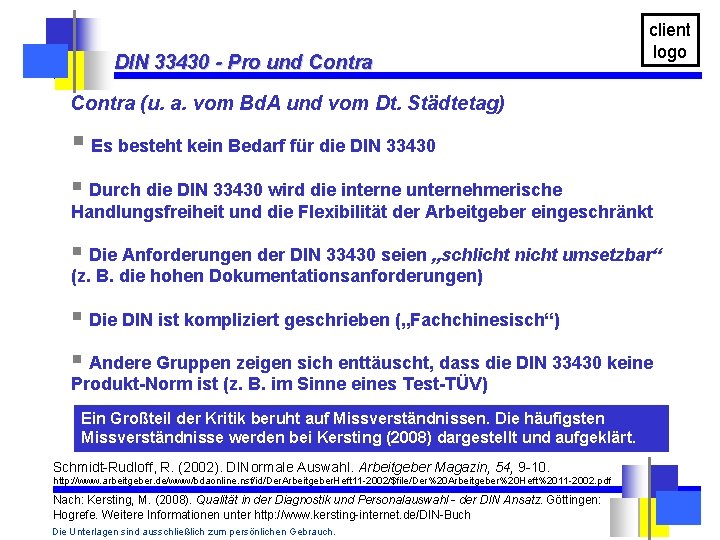 client logo DIN 33430 - Pro und Contra (u. a. vom Bd. A und