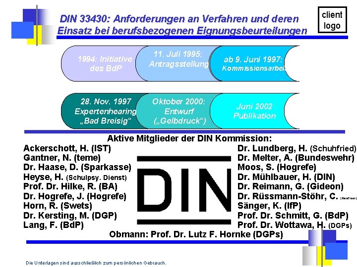 DIN 33430: Anforderungen an Verfahren und deren Einsatz bei berufsbezogenen Eignungsbeurteilungen 1994: Initiative des
