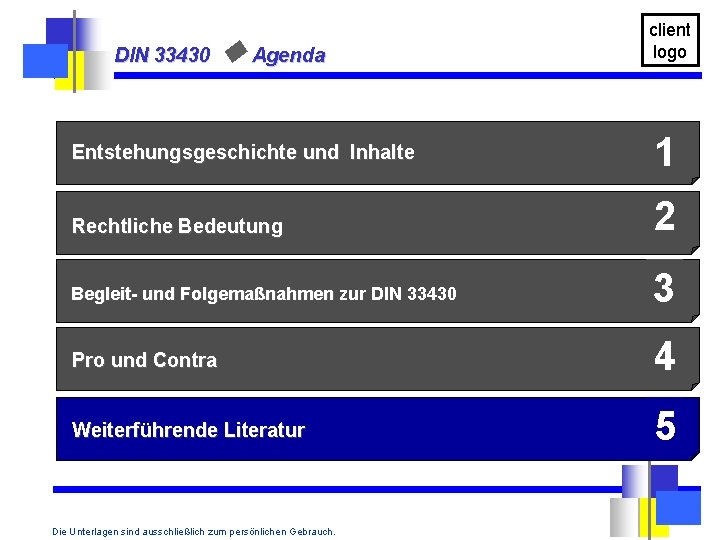 DIN 33430 u Agenda Entstehungsgeschichte und Inhalte client logo 1 Rechtliche Bedeutung 2 Begleit-