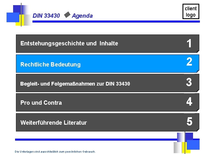 DIN 33430 u Agenda Entstehungsgeschichte und Inhalte client logo 1 Rechtliche Bedeutung 2 Begleit-