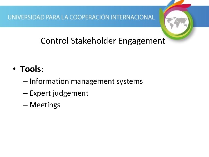 Control Stakeholder Engagement • Tools: – Information management systems – Expert judgement – Meetings