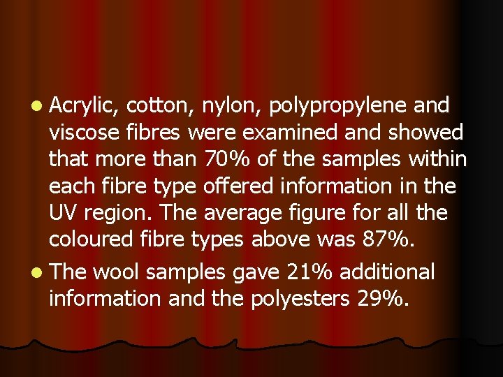 l Acrylic, cotton, nylon, polypropylene and viscose fibres were examined and showed that more