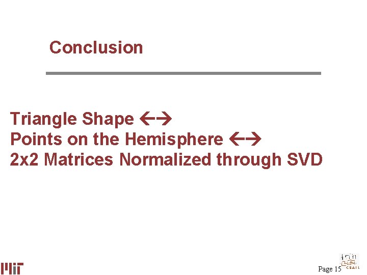 Conclusion Triangle Shape Points on the Hemisphere 2 x 2 Matrices Normalized through SVD