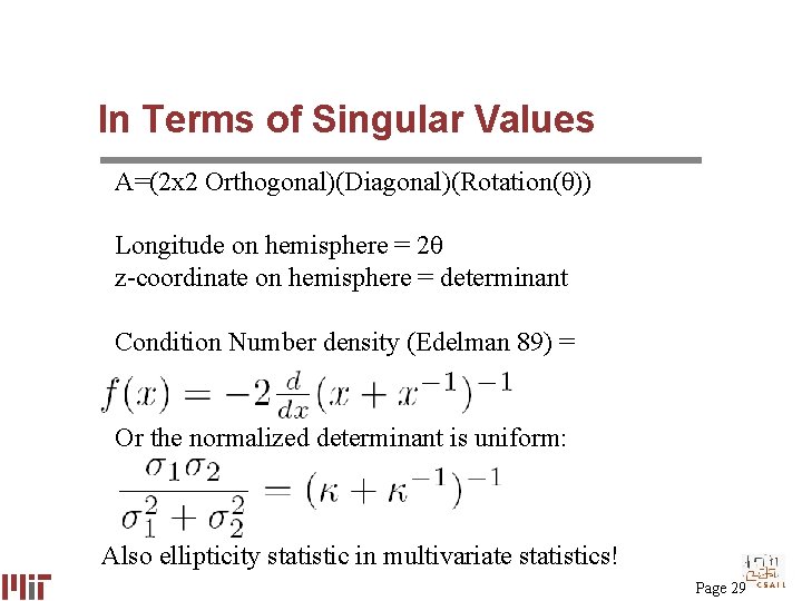 In Terms of Singular Values A=(2 x 2 Orthogonal)(Diagonal)(Rotation(θ)) Longitude on hemisphere = 2θ
