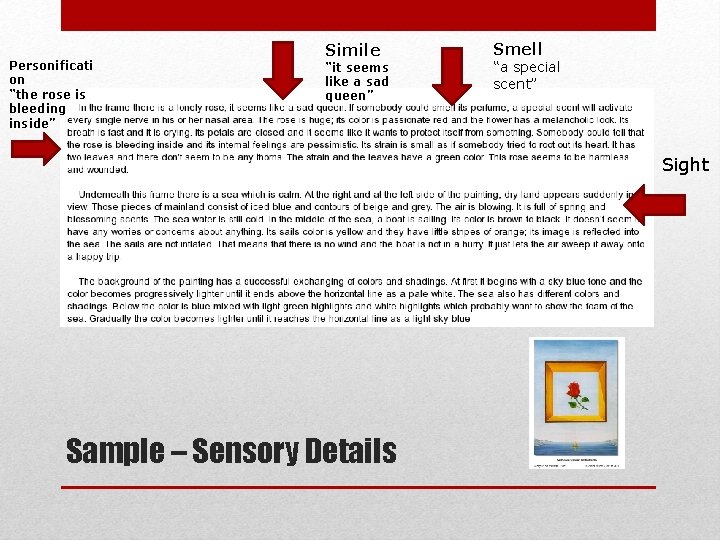 Personificati on “the rose is bleeding inside” Simile “it seems like a sad queen”