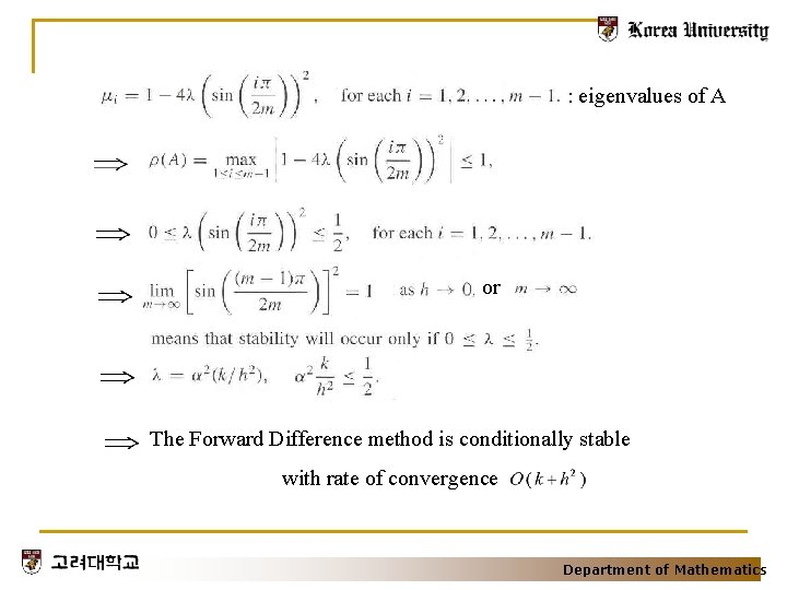 : eigenvalues of A or The Forward Difference method is conditionally stable with rate