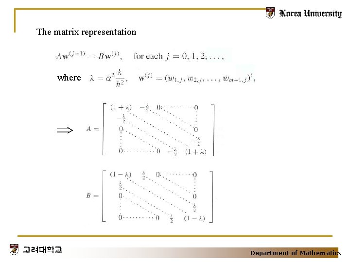 The matrix representation where Department of Mathematics 