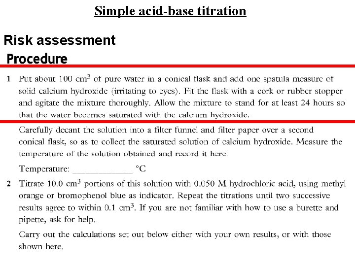 Simple acid-base titration Risk assessment 