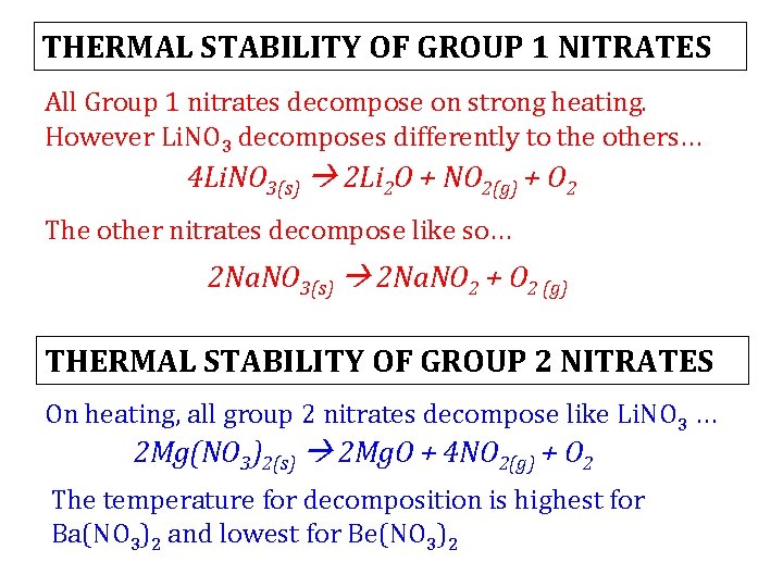 THERMAL STABILITY OF GROUP 1 NITRATES All Group 1 nitrates decompose on strong heating.