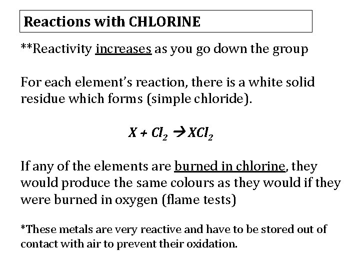 Reactions with CHLORINE **Reactivity increases as you go down the group For each element’s