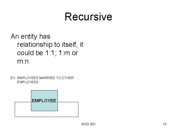 Recursive An entity has relationship to itself, it could be 1: 1; 1: m