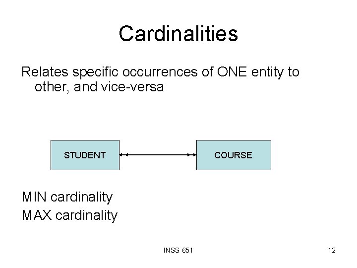 Cardinalities Relates specific occurrences of ONE entity to other, and vice-versa STUDENT COURSE MIN