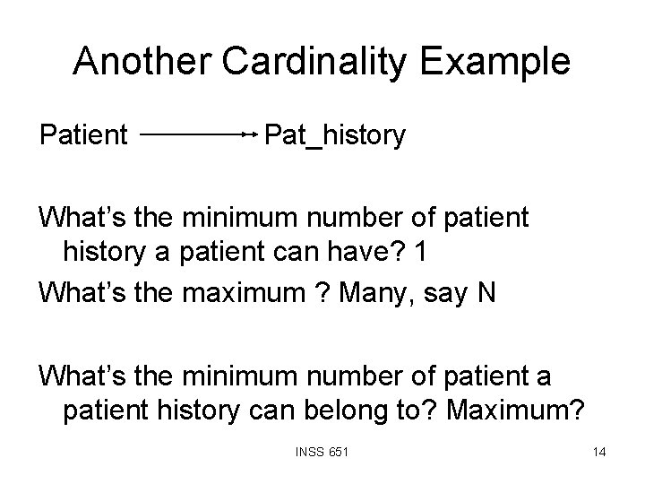 Another Cardinality Example Patient Pat_history What’s the minimum number of patient history a patient