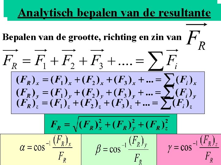 Bepalen van devan resultante Analytisch bepalen de resultante Bepalen van de grootte, richting en