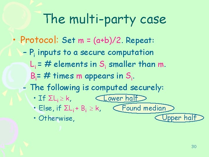 The multi-party case • Protocol: Set m = (a+b)/2. Repeat: – Pi inputs to