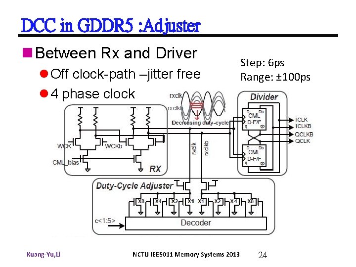 DCC in GDDR 5 : Adjuster n Between Rx and Driver l Off clock-path