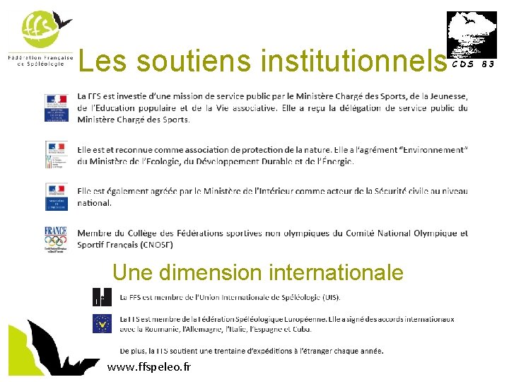 Les soutiens institutionnels Une dimension internationale www. ffspeleo. fr CDS 83 