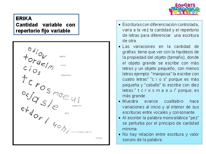 ERIKA Cantidad variable con repertorio fijo variable Escrituras con diferenciación controlada, varia a la