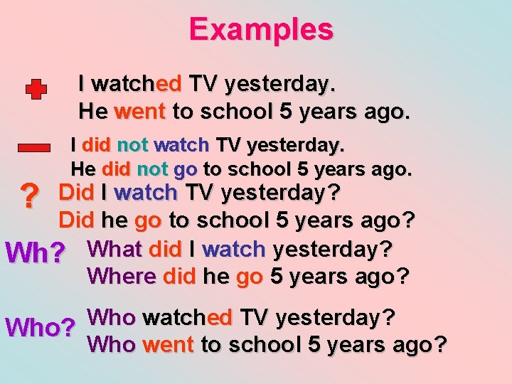 Examples I watched TV yesterday. He went to school 5 years ago. ? I