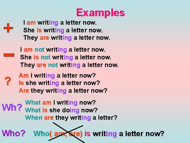 Examples I am writing a letter now. She is writing a letter now. They