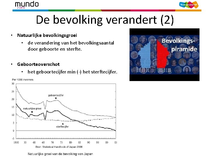 De bevolking verandert (2) • Natuurlijke bevolkingsgroei • de verandering van het bevolkingsaantal door