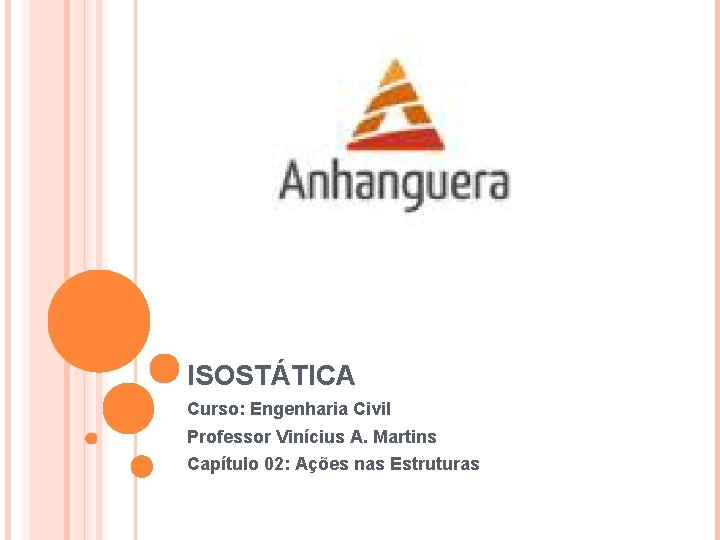 ISOSTÁTICA Curso: Engenharia Civil Professor Vinícius A. Martins Capítulo 02: Ações nas Estruturas 