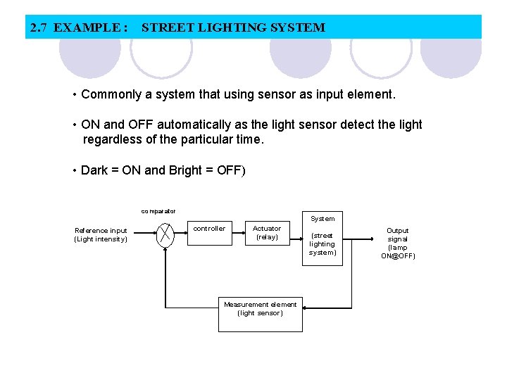 2. 7 EXAMPLE : STREET LIGHTING SYSTEM • Commonly a system that using sensor