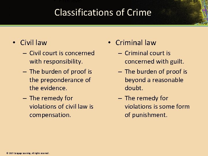 Classifications of Crime • Civil law – Civil court is concerned with responsibility. –