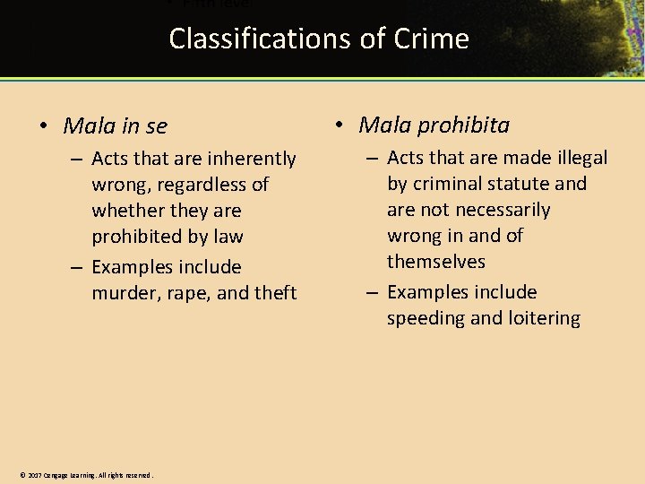 Classifications of Crime • Mala in se – Acts that are inherently wrong, regardless