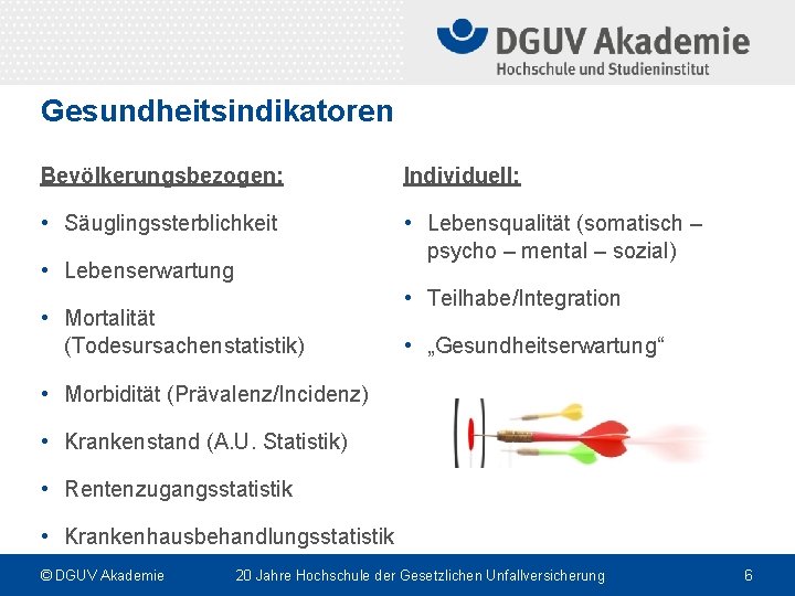 Gesundheitsindikatoren Bevölkerungsbezogen: Individuell: • Säuglingssterblichkeit • Lebensqualität (somatisch – psycho – mental – sozial)