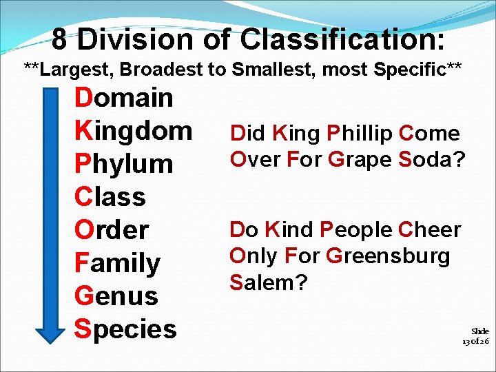 8 Division of Classification: **Largest, Broadest to Smallest, most Specific** Domain Kingdom Phylum Class